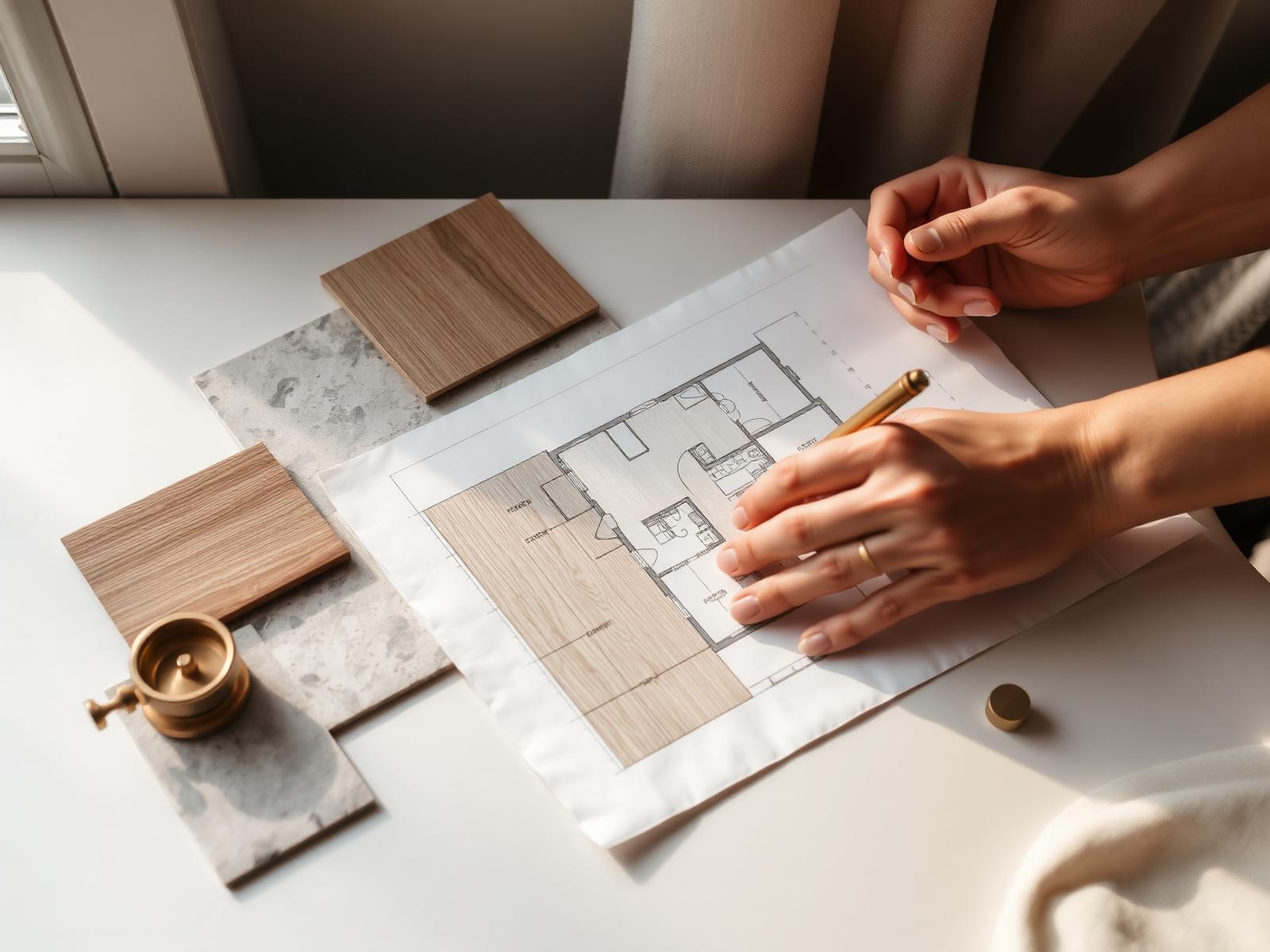 Independent designer reviewing drawings and material samples with a homeowner