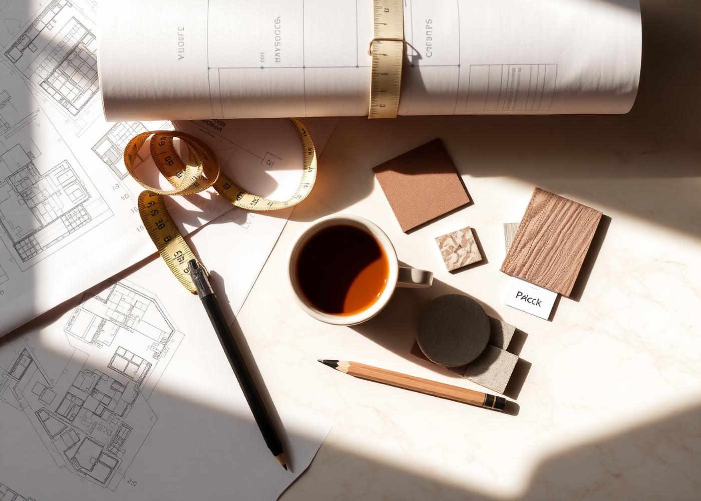 Architectural drawings, measuring tape and material samples